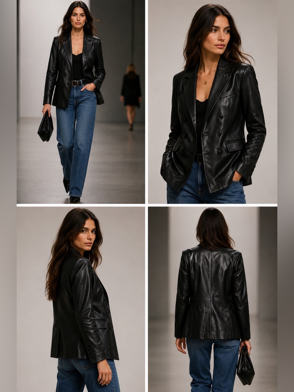 Nour Hammour Black Lambskin Leather Double-Breasted Blazer – Size 34
